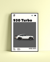 Porsche 930 Turbo poster by Dripster featuring a white classic car illustration and specifications